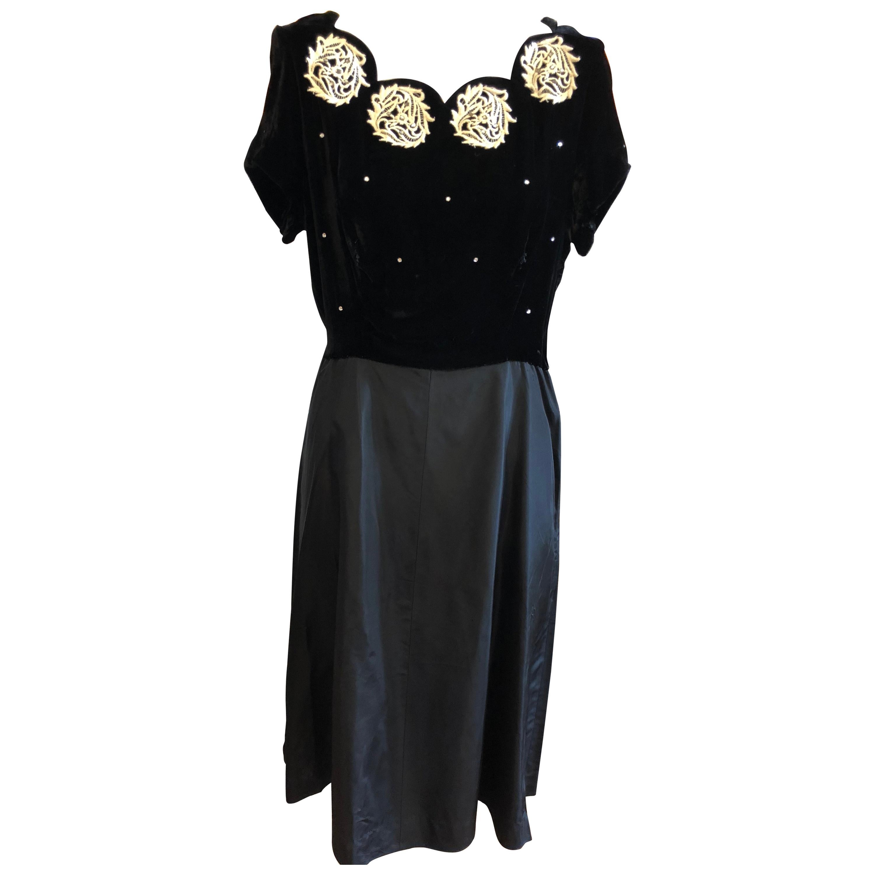 Velvet / Rayon Black Embellished Dress 1940s 