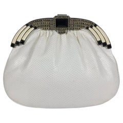 Art Deco style white lizard rhinestone and enamel frame evening bag