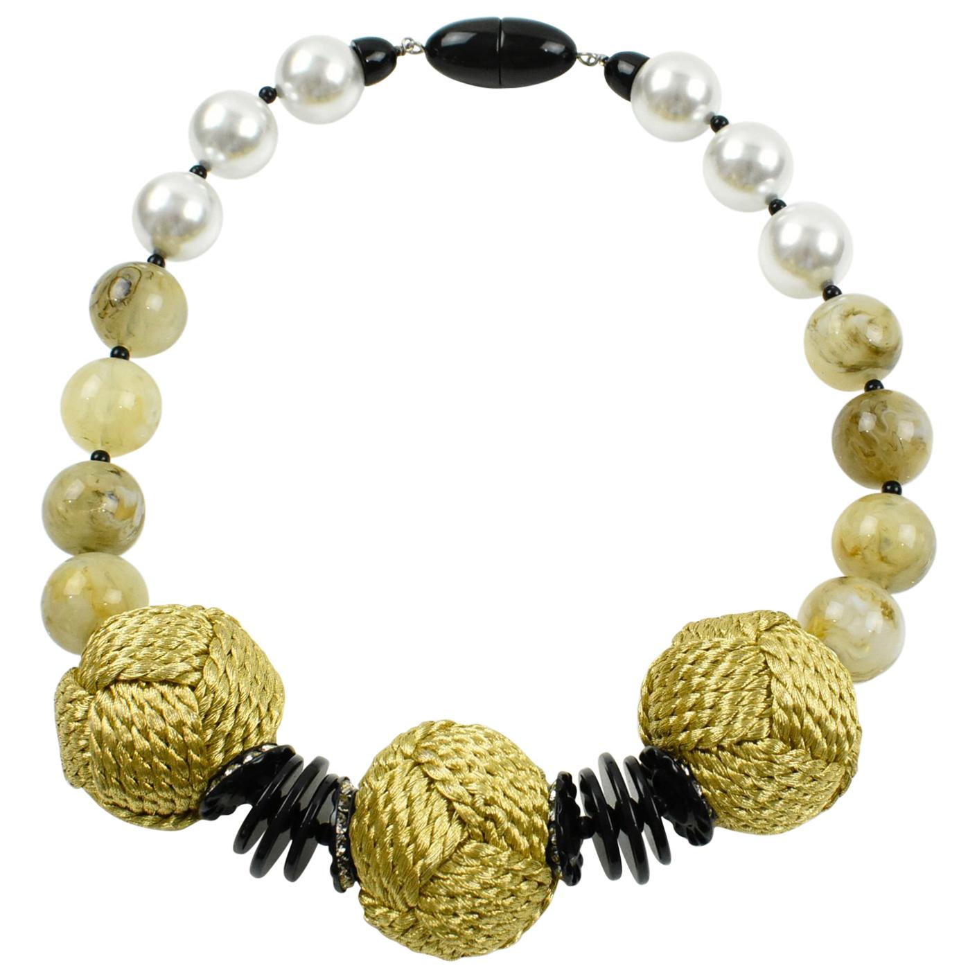 Italian Angela Caputi Choker Necklace Pearl Yellow Smoked Resin & Thread Beads