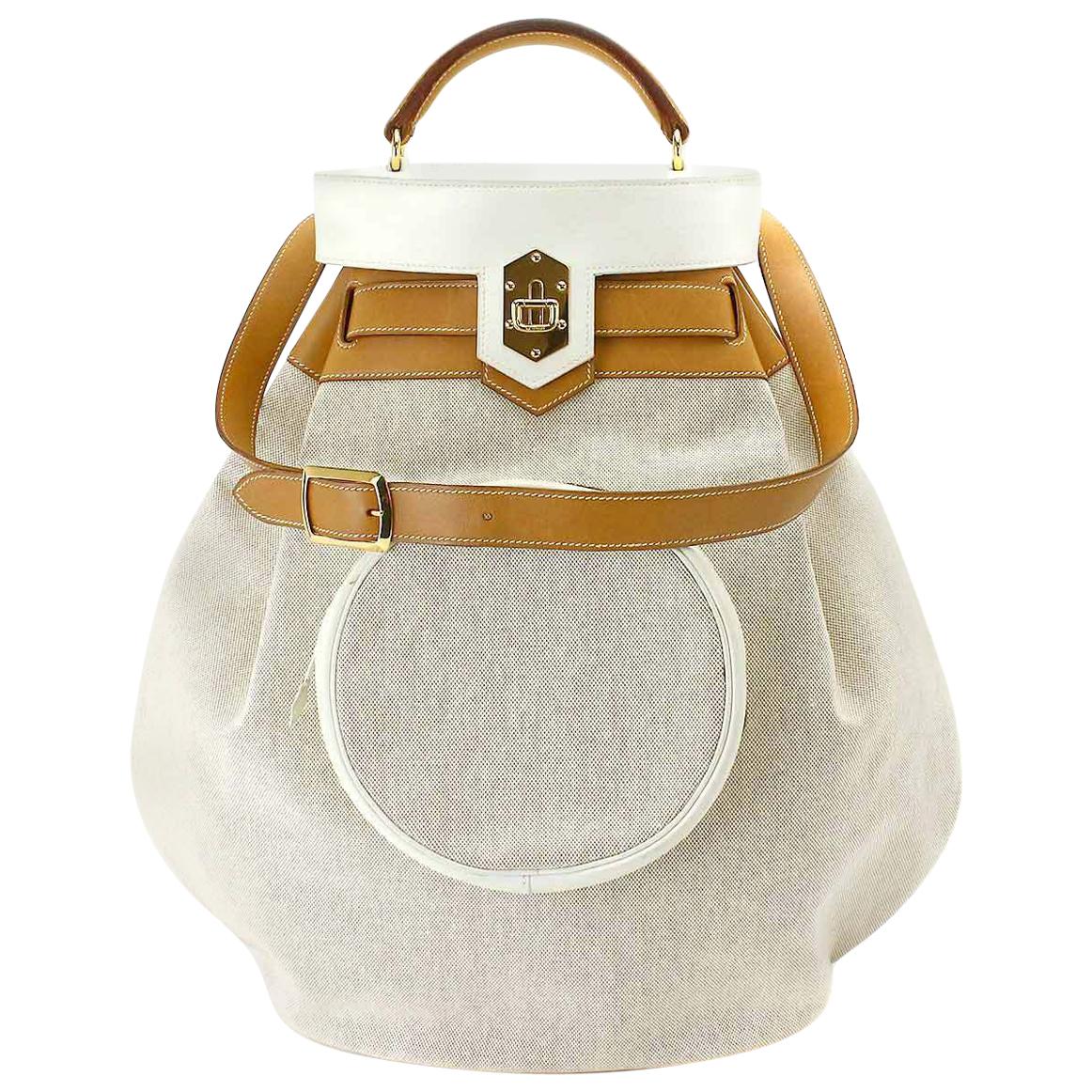 Hermes Tan Canvas Cognac Leather Top Handle Satchel Carryall Shoulder Bag
