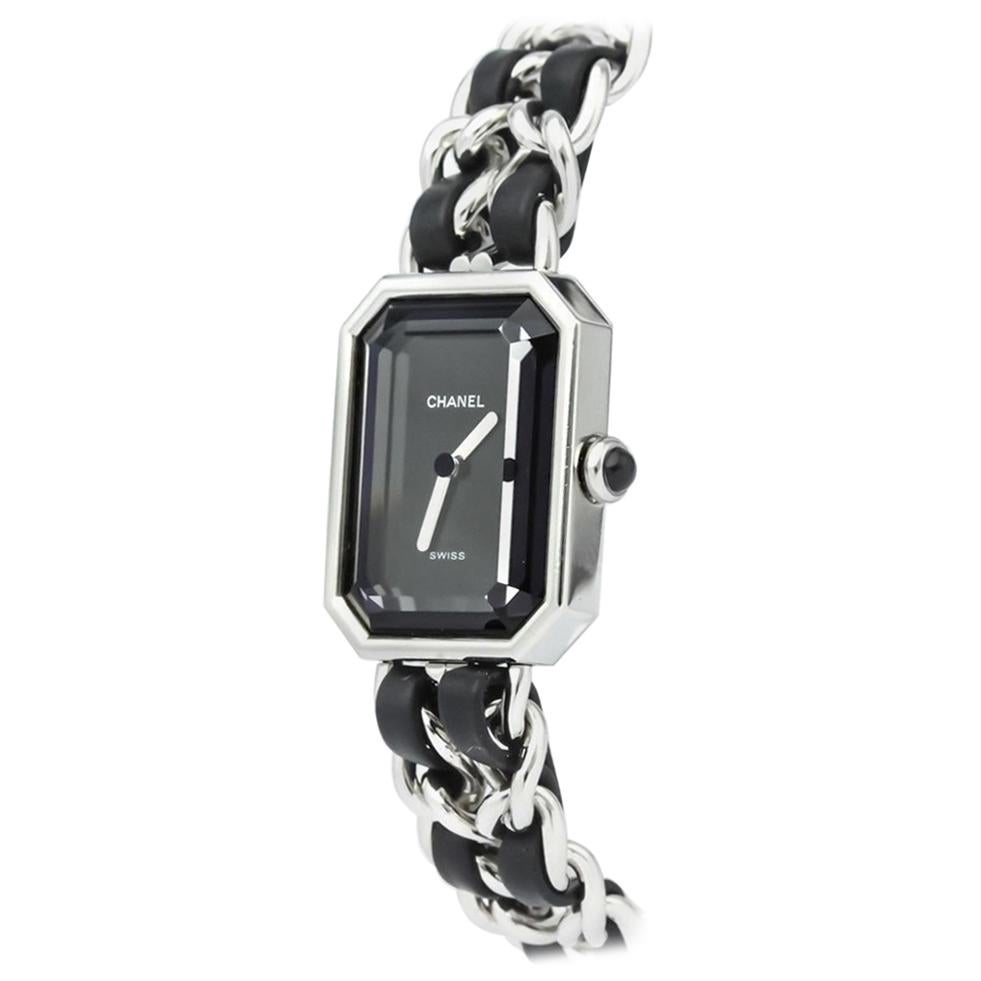 Chanel Stainless Steel Silver Black Leather Chain Women's Wrist Watch