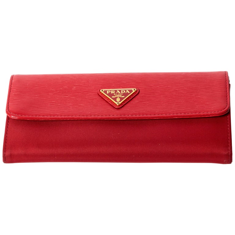Prada Nylon and Leather Red Snap Long Wallet with Box For Sale at