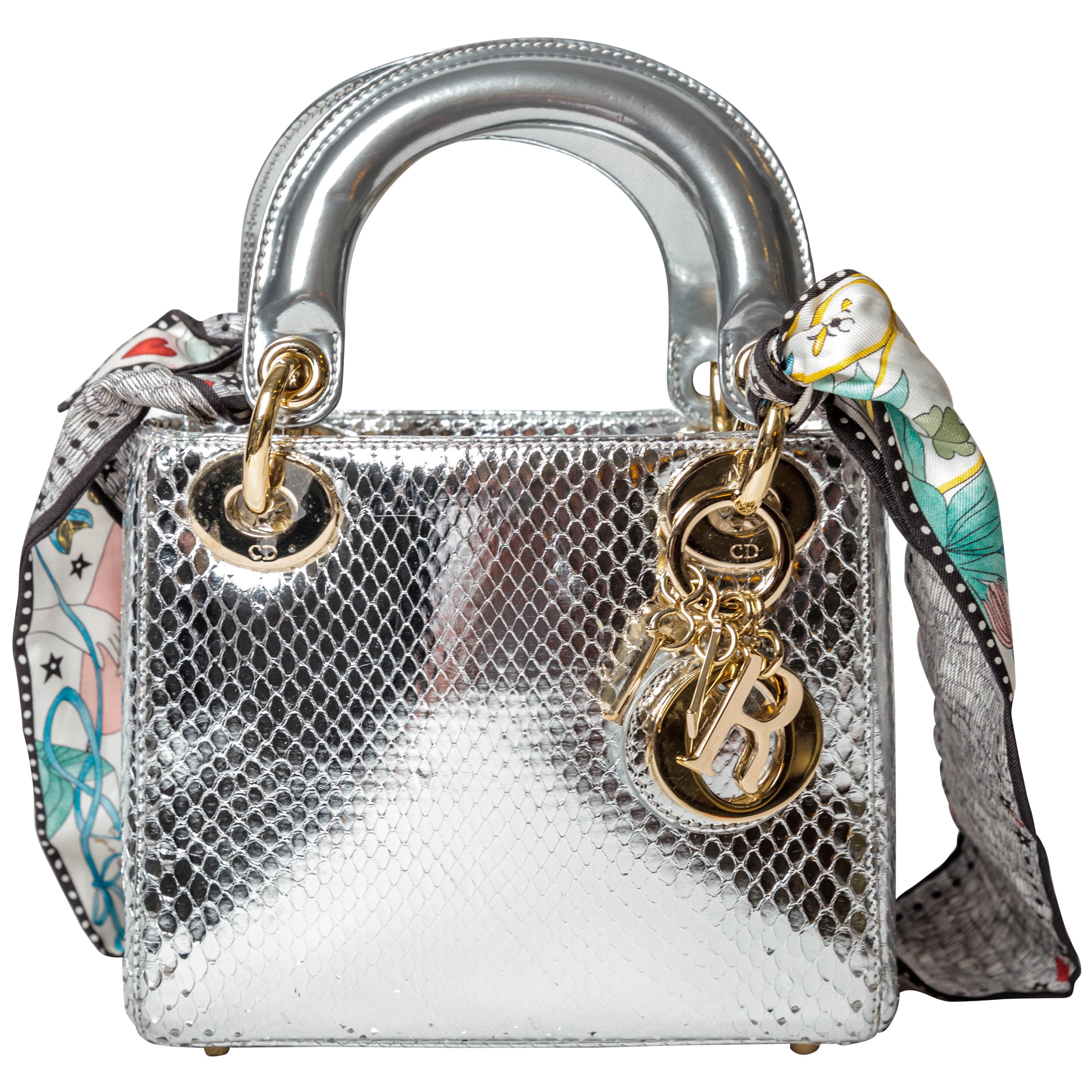 Christian Dior Silver Python Mini Lady Dior handbag with Silk Scarf For Sale