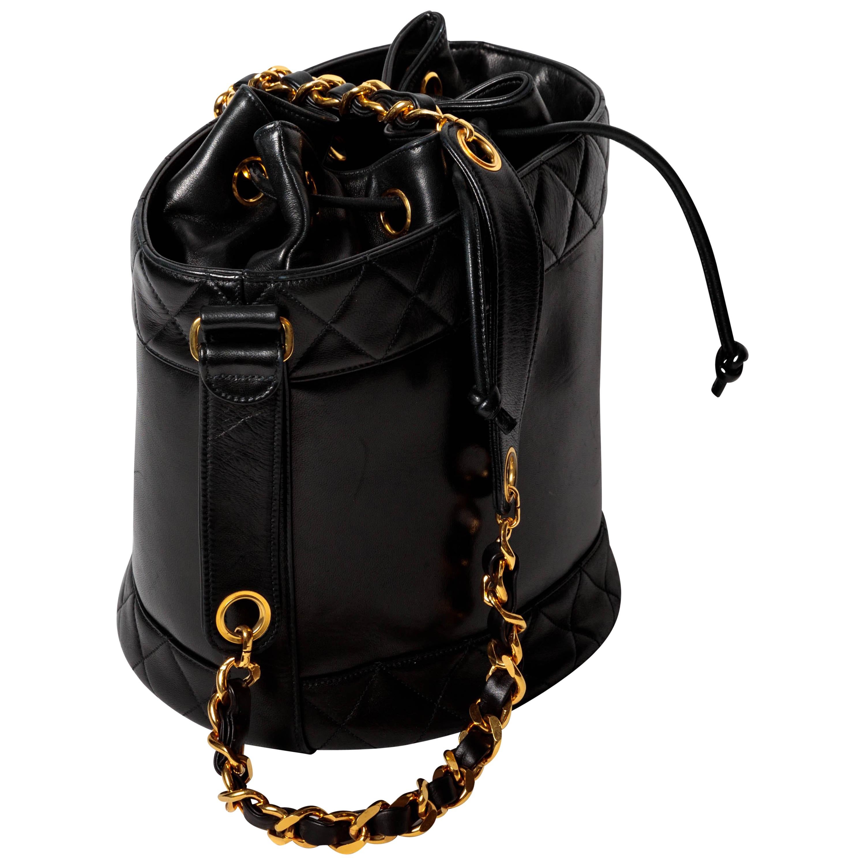 Chanel Black Lambskin Bucket Bag with Gold Hardware  For Sale