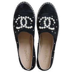 Chanel Black Suede Calfskin and Pearl Espadrilles