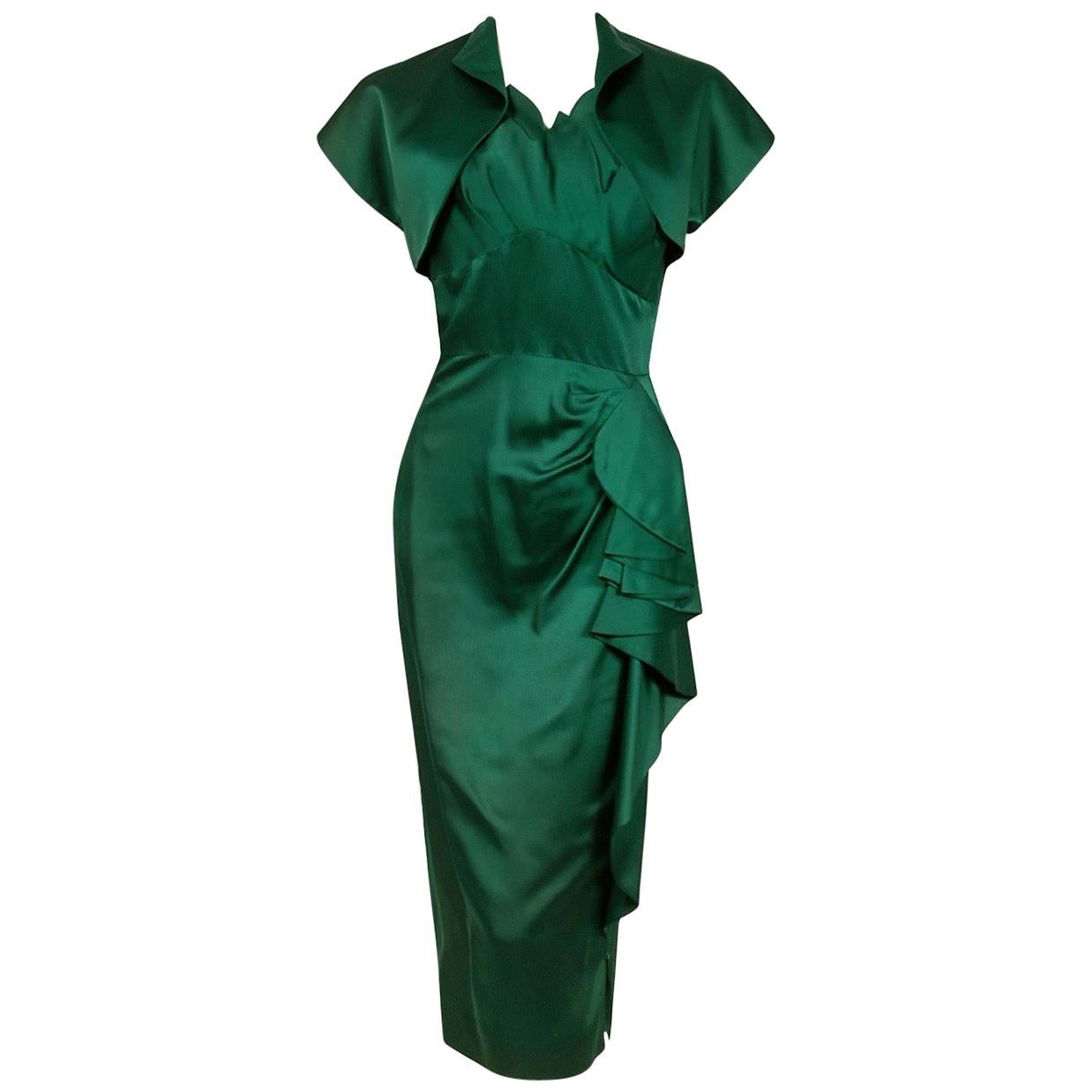 1940's Forest Green Silk Flames Sculpted Swag Rhinestone Cocktail Dress & Bolero