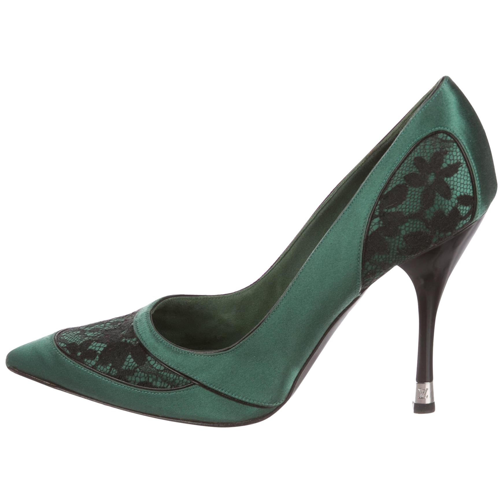 Louis Vuitton New Satin Emerald Black Evening Heels Pumps 