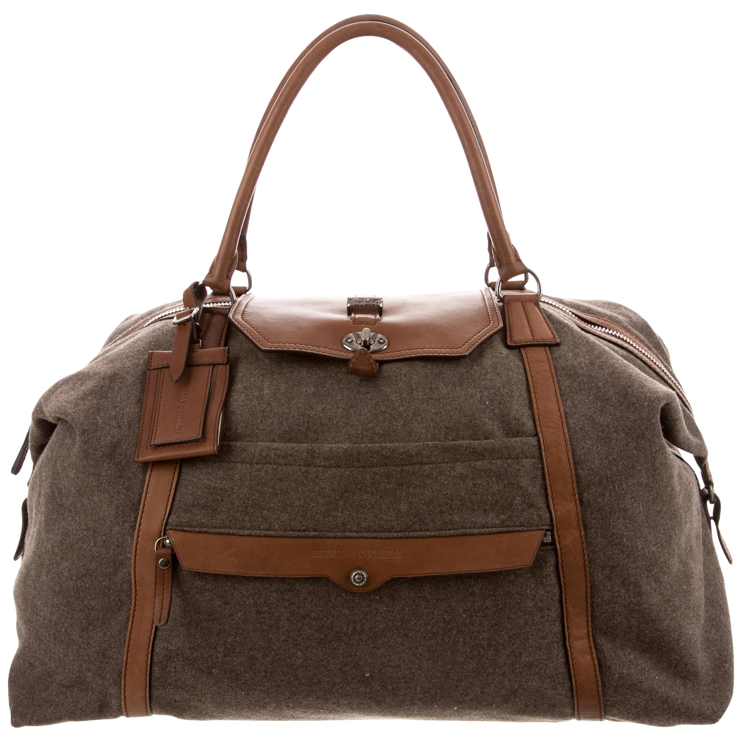 Brunello Cucinelli New Men's Leather Canvas Cognac Carryall Travel Weekender Bag