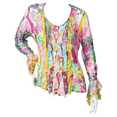 Gianni Versace Floral Chiffon Ruffle Blouse circa late 1980s / early 1990s