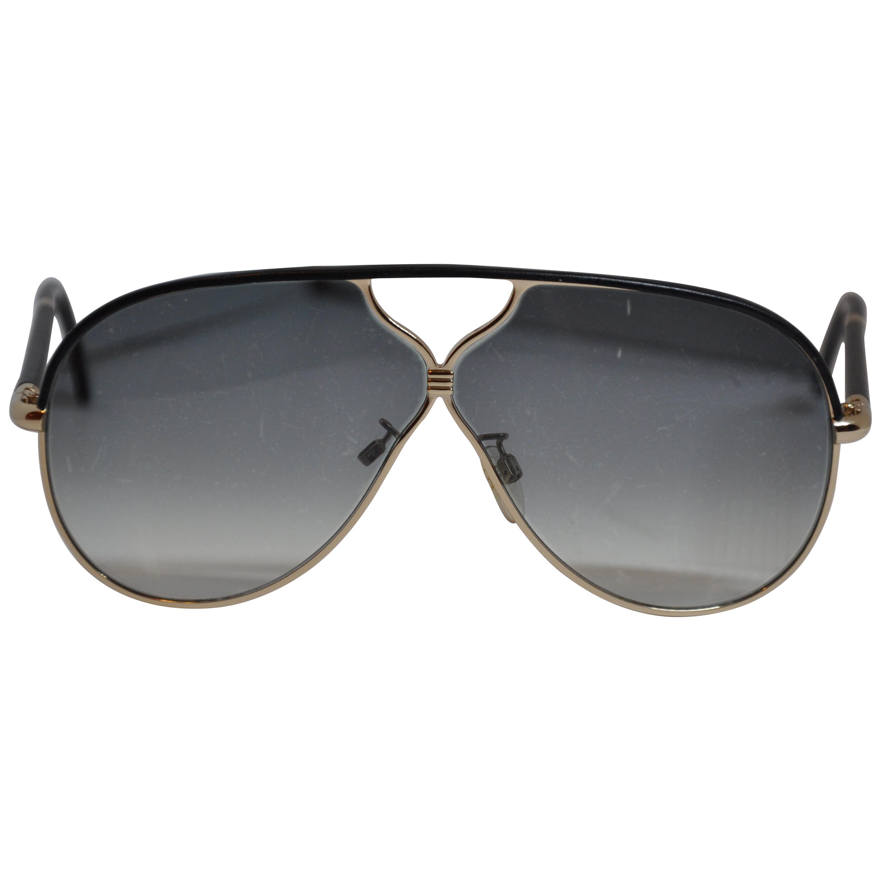 Balenciaga Black Lucite Sunglasses with Gilded Gold Hardware and Black Lambskin  For Sale