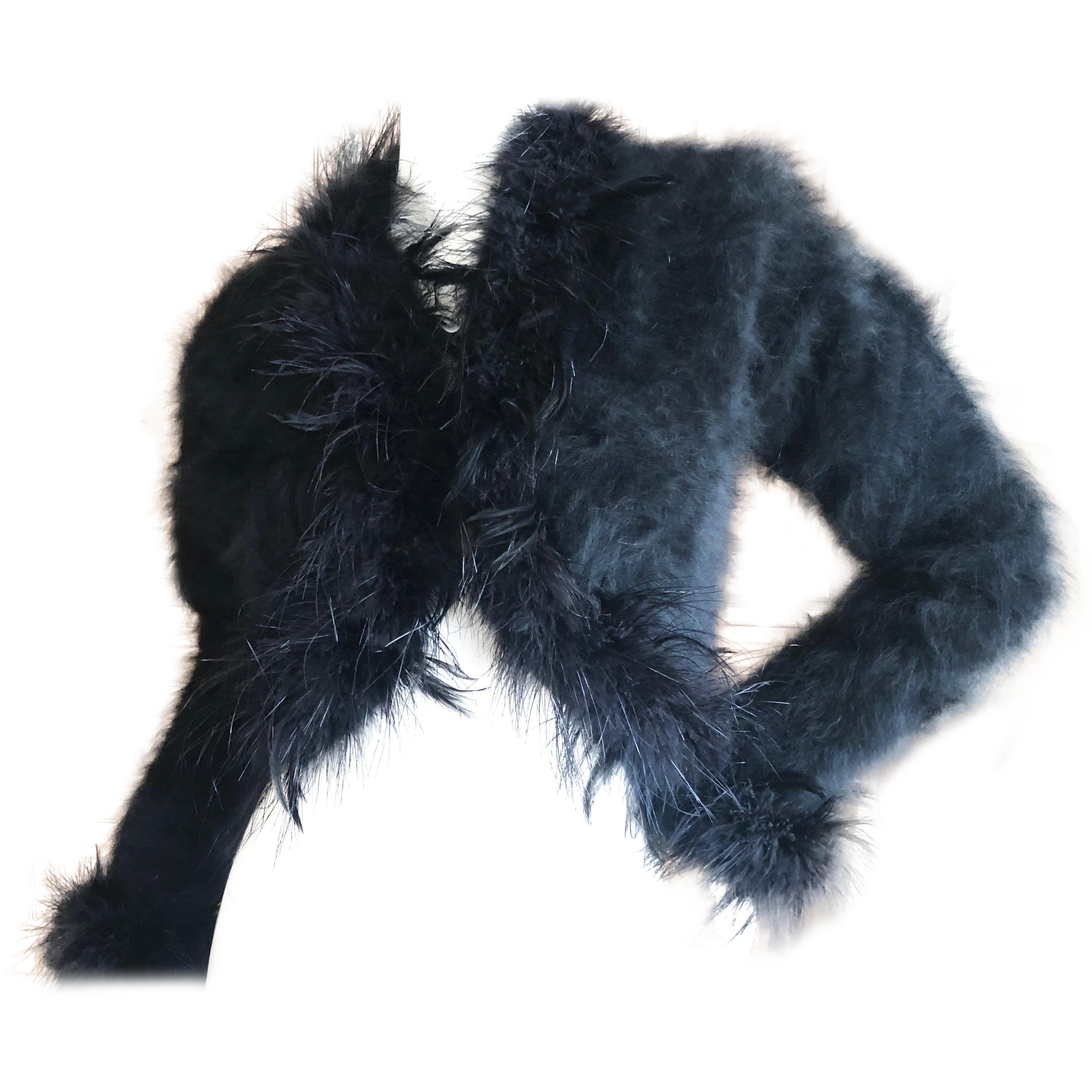 Yves Saint Laurent Rive Gauche 1970's Black Fuzzy Feather Trim Cardigan  Jacket For Sale