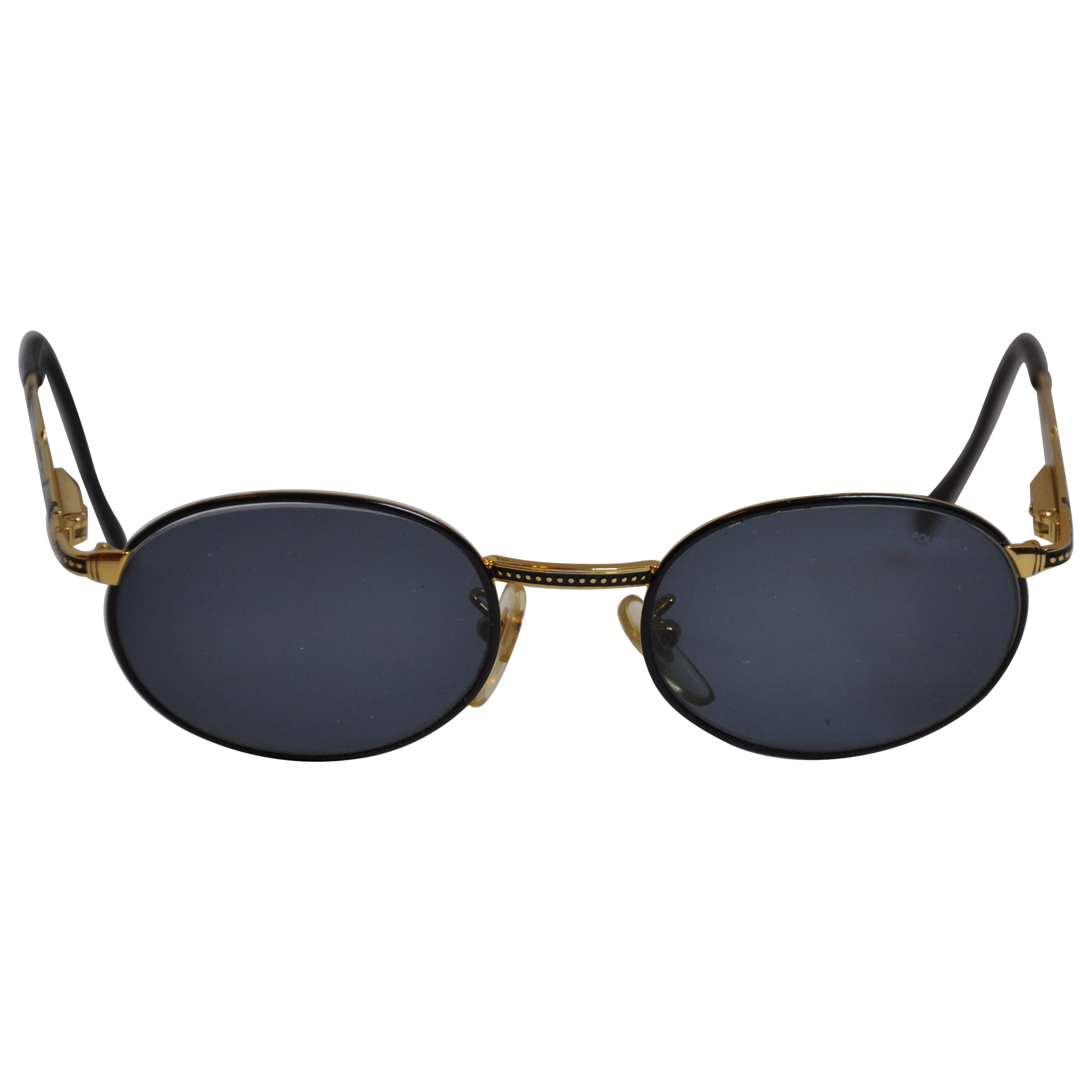 Police Black Lucite with Gilded Gold Hardware and Detailed Etching  Sunglasses For Sale at 1stDibs