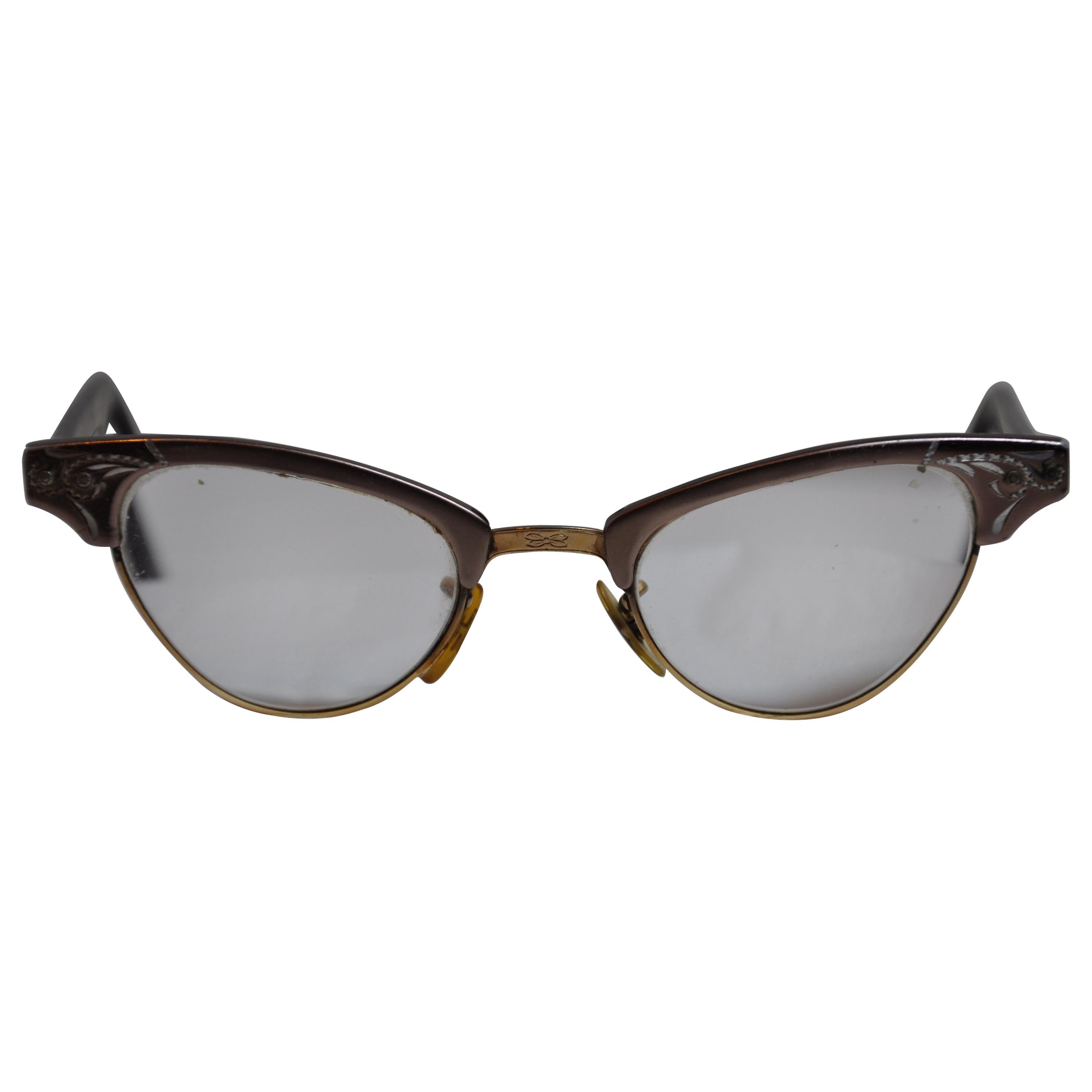 Detailed Etched 12K Gold with Warm-Brown Thick Lucite 'Cats-Eye' Glasses