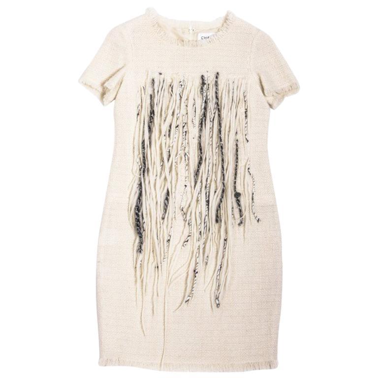 Chanel Cream Tweed Dress Embroidered with Pearls 