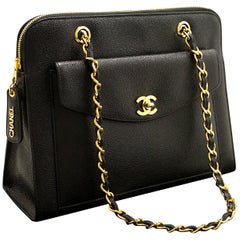 Vintage Chanel Caviar Black Leather Gold Zip Large Chain Shoulder Bag 