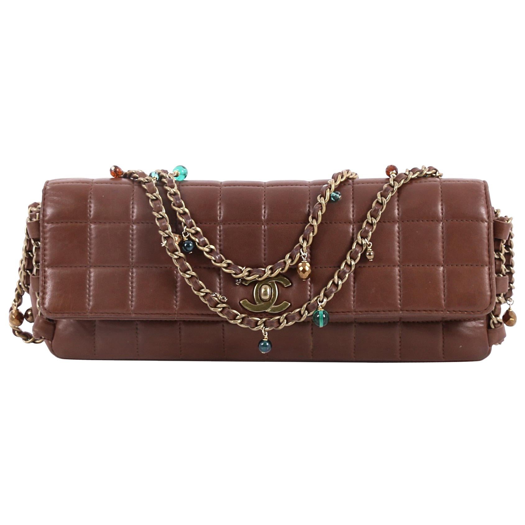 Chanel Chocolate Bar Beaded Chain Flap Bag Quilted Calfskin East West 