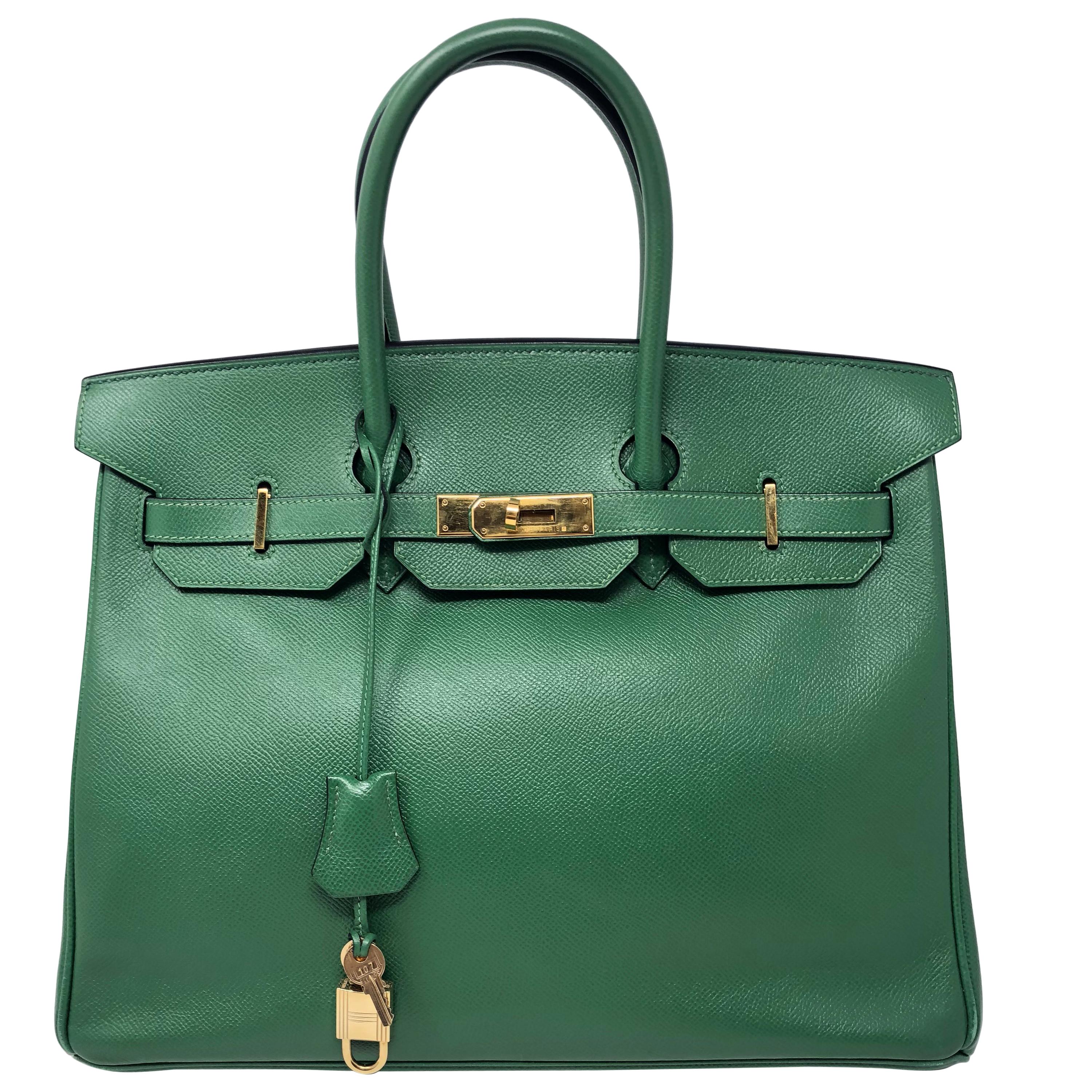 Hermes Emerald Green courchevel leather Gold hardware Birkin 35 Bag