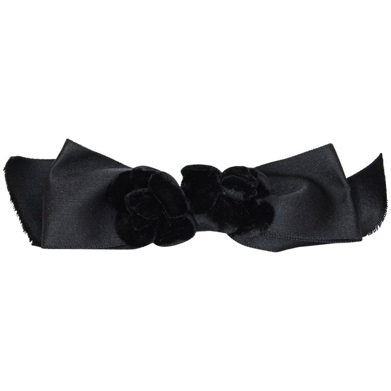 Chanel Vintage Black Satin Bow Hair Accessory With Velvet Camelias
