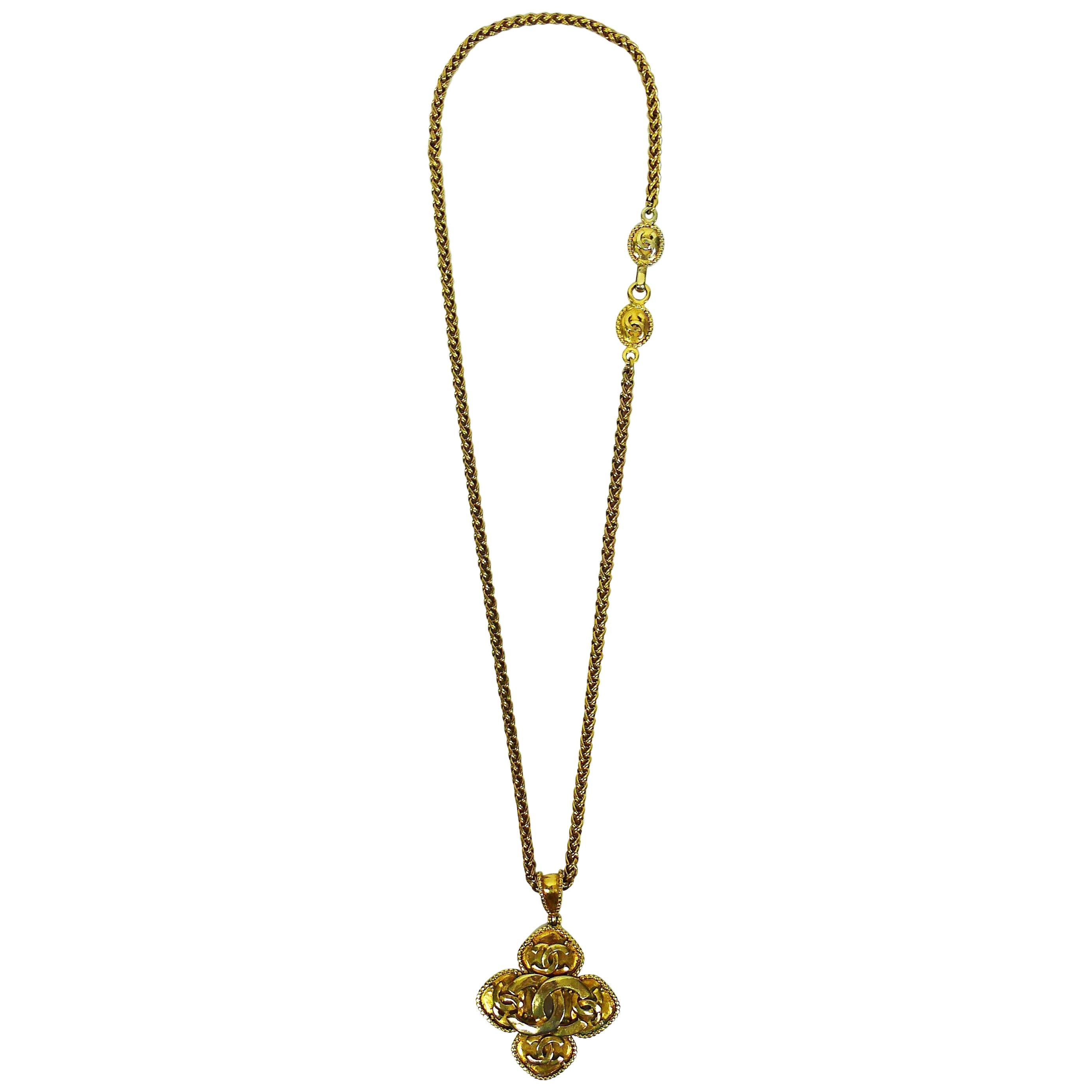 Chanel Vintage Gold Toned Clover Shaped Logo Pendant Necklace, 1996 at ...