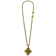 Chanel Vintage Gold Toned Clover Shaped Logo Pendant Necklace, 1996 