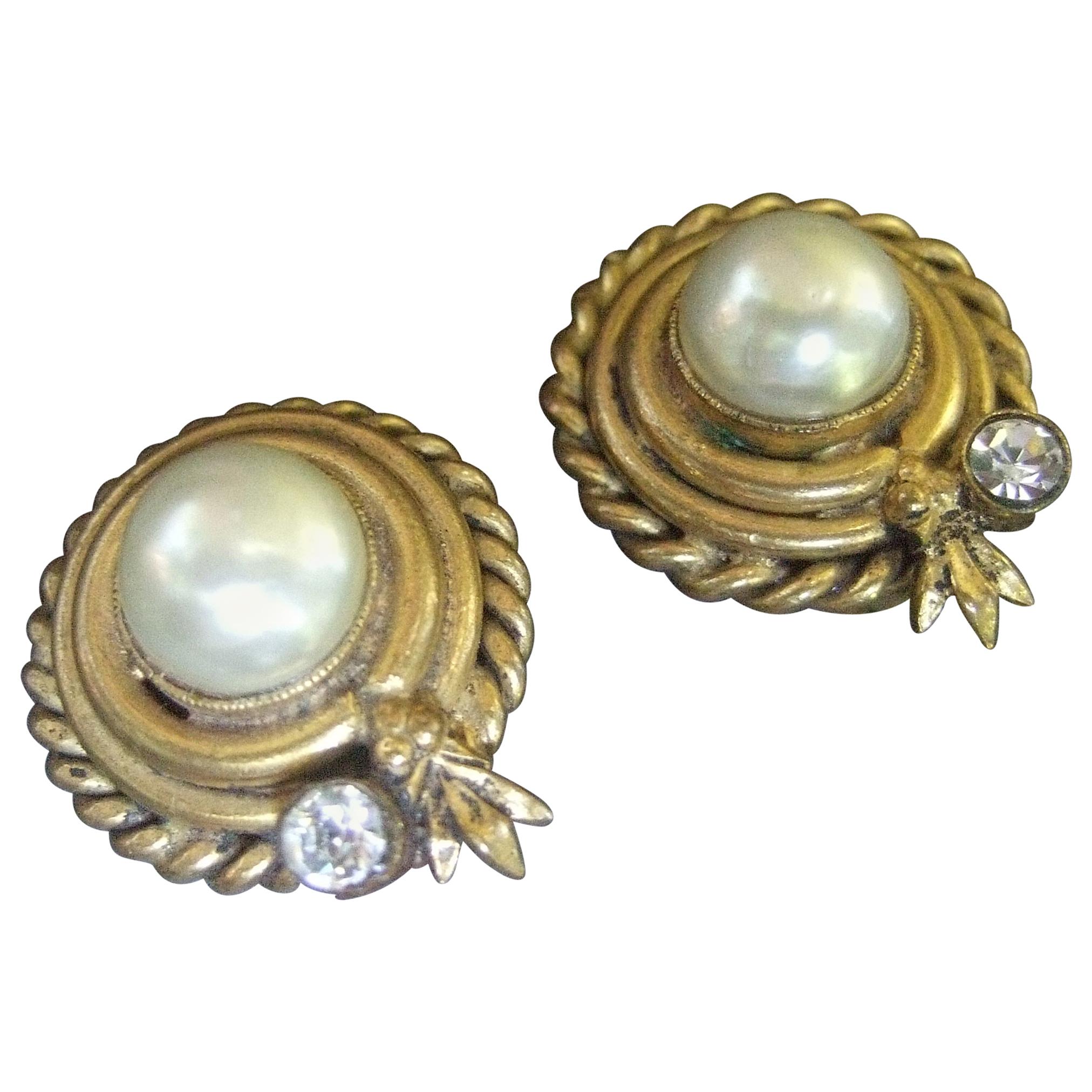 Chanel Glass Enamel Pearl Gilt Metal Clip On Earrings, circa 1980s