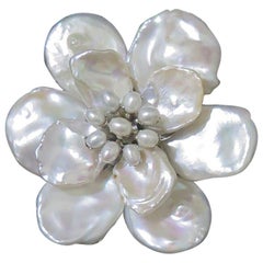 Mei's White Keshi Pearl Flower Brooch with Pearl Center