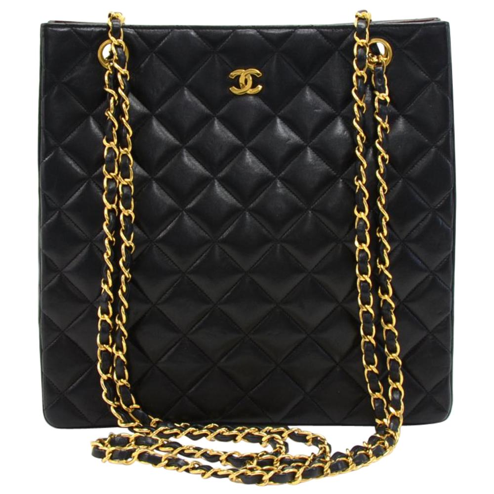 Vintage Chanel Black Quilted Lambskin Leather Tall Chain Shoulder Bag For Sale