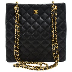 Vintage Chanel Black Quilted Lambskin Leather Tall Chain Shoulder Bag