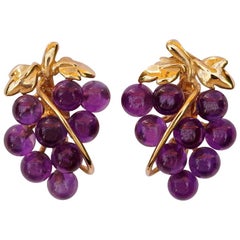 14K Gold Vine Leaves and Polished Amethyst Grape Earrings