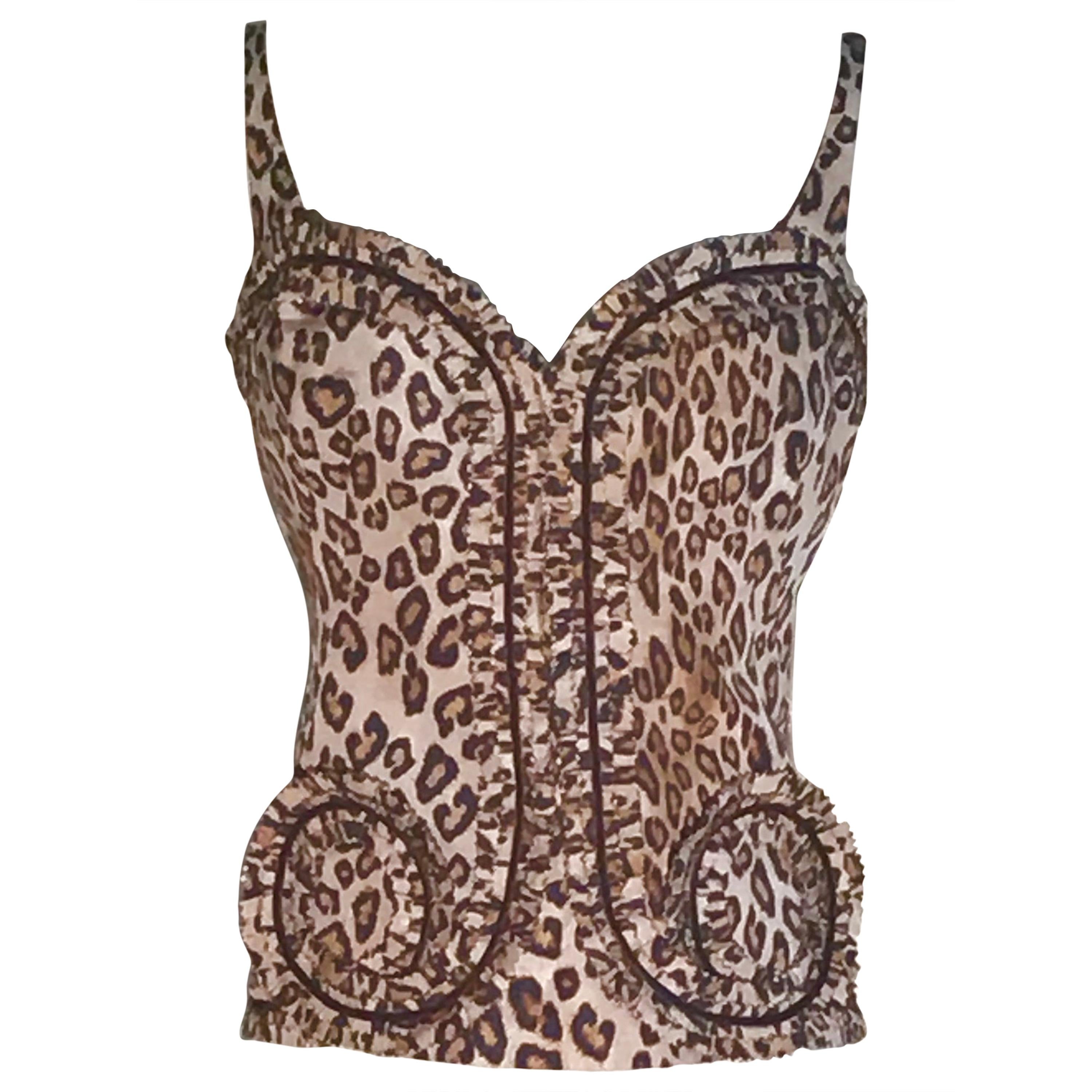 Alexander McQueen 2005 Leopard Print Corset Bustier Style Tank Top Velvet Detail