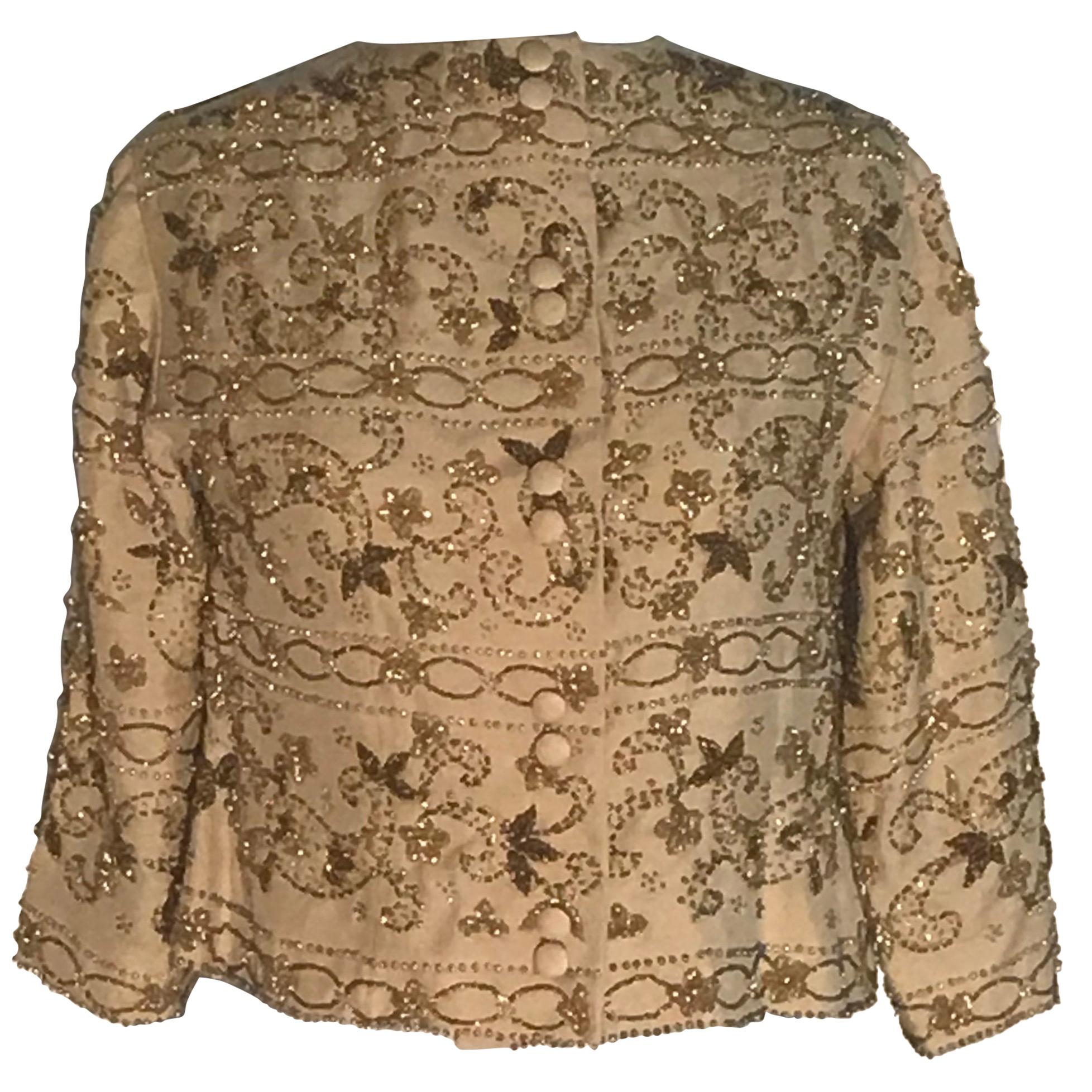 1960s Vintage Tan and Gold Beaded Cropped Jacket  For Sale