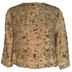 1960s Vintage Tan and Gold Beaded Cropped Jacket 