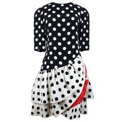 Retro AKRIS Flamenco-Inspired Black / Creme-White Polka Dot Flounced Silk Dress, 1980s