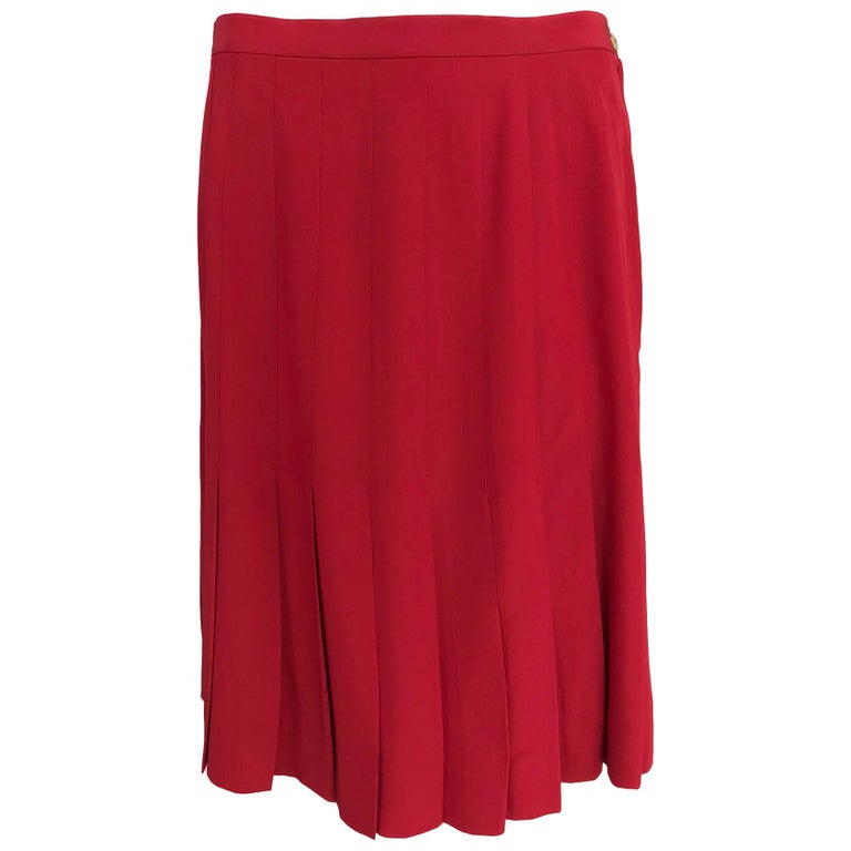 Chanel Red Silk Stitch Down Pleated Skirt For Sale at 1stdibs