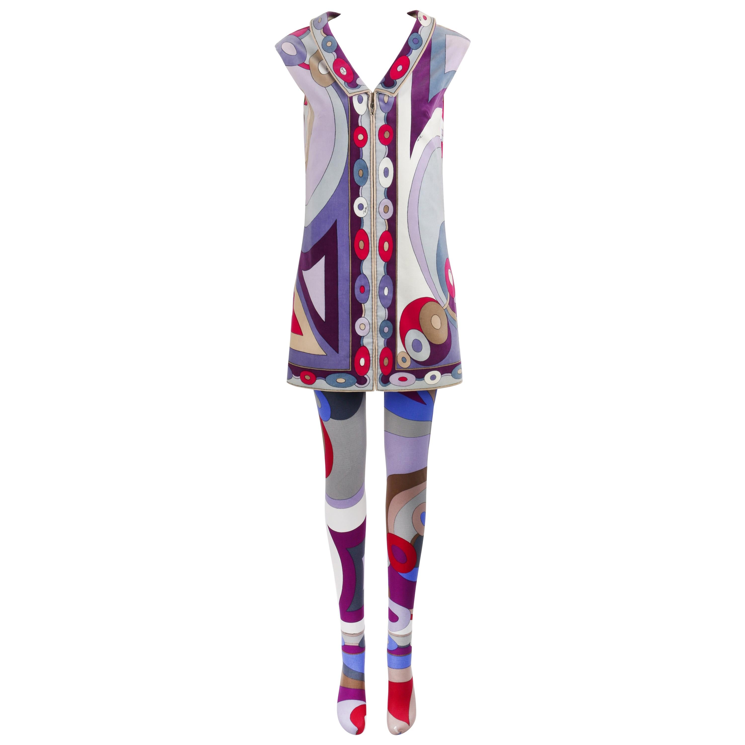 EMILIO PUCCI c.1967 2 Pc Bubble Op Art Signature Velvet Tunic Dress Tights Set