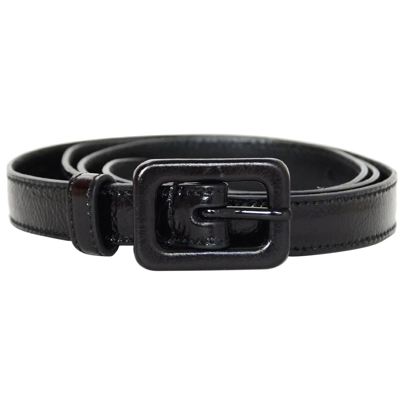 Saint Laurent Black Glazed Crinkled Leather Skinny Belt sz 75cm/30"