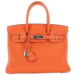Hermes Birkin Handbag Orange Clemence with Palladium Hardware 30