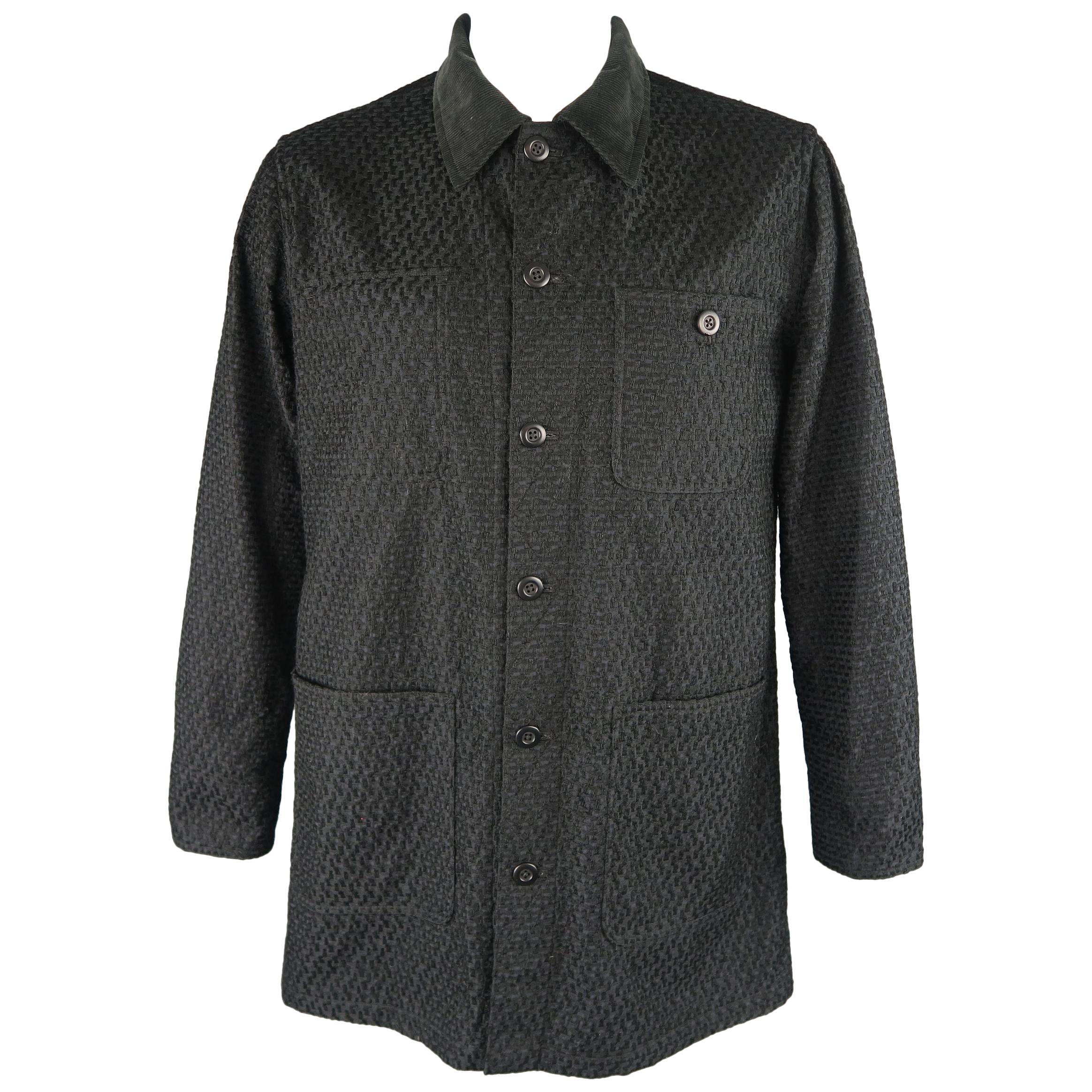 TS (S) L Black Wool Blend Woven Textured Corduroy Collar Jacket