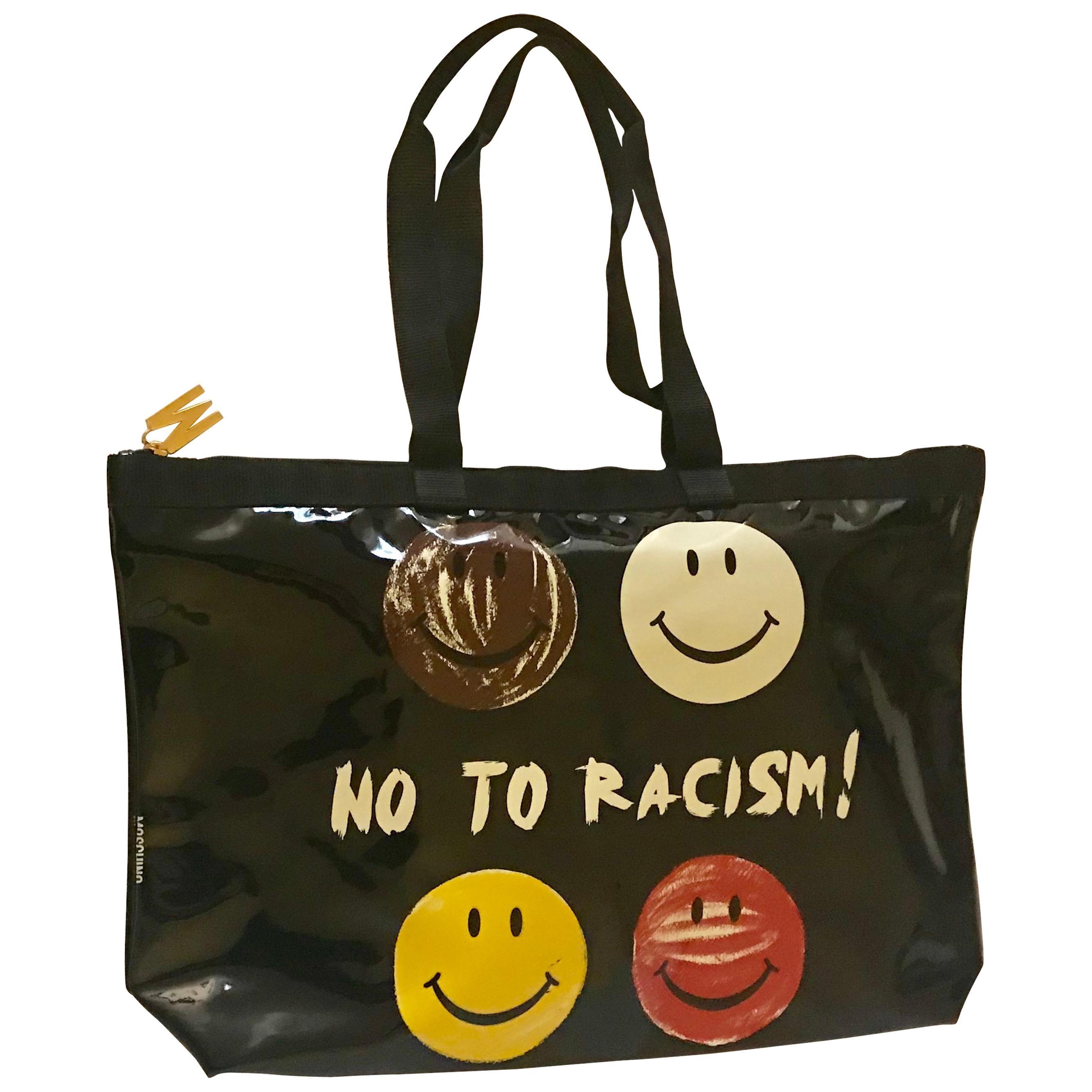 Moschino Vintage Redwall No To Racism Smiley Face Black Patent Tote Bag