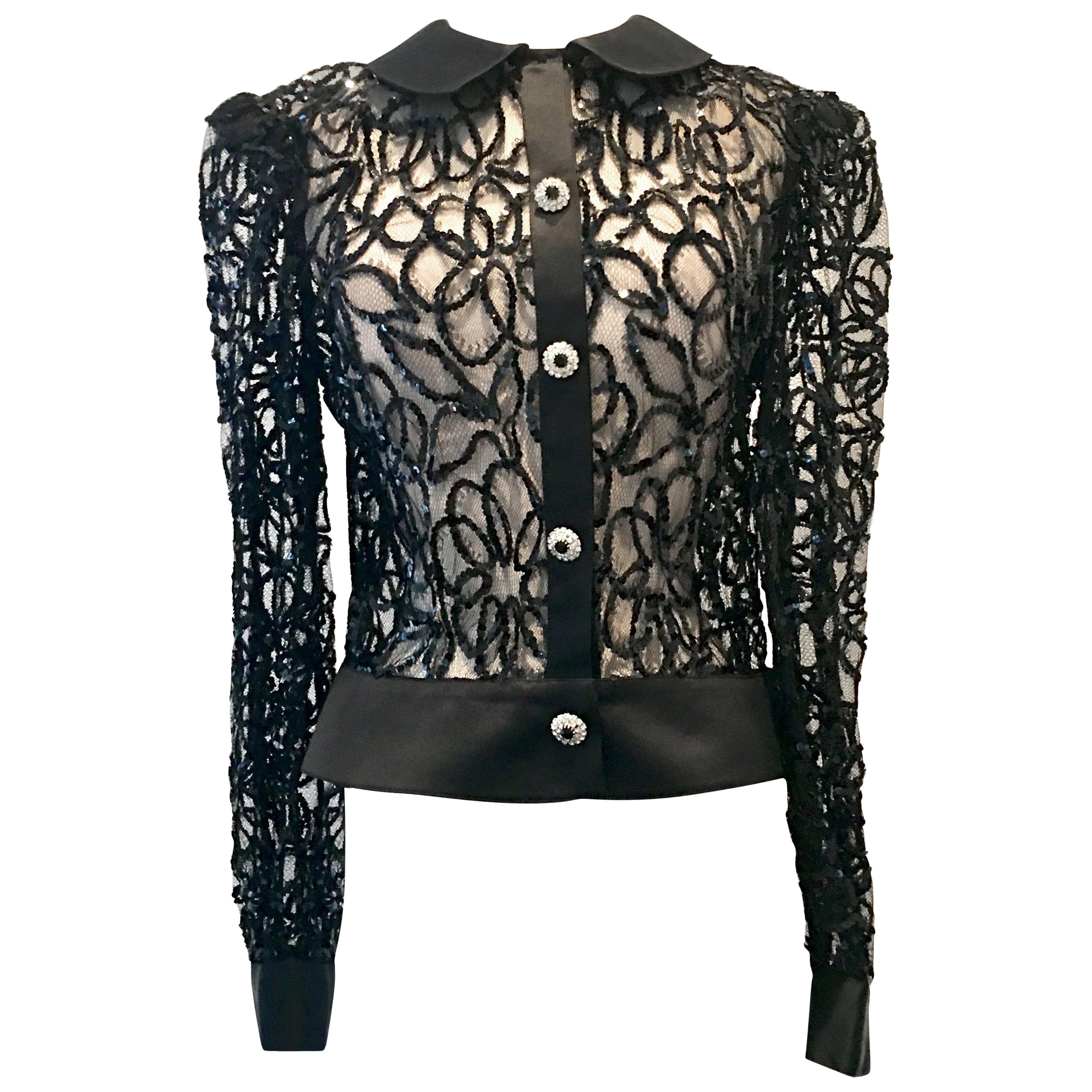 20th Century Lace, Satin Sequin & Crystal "Blouson" By, Adolfo New York For Sale