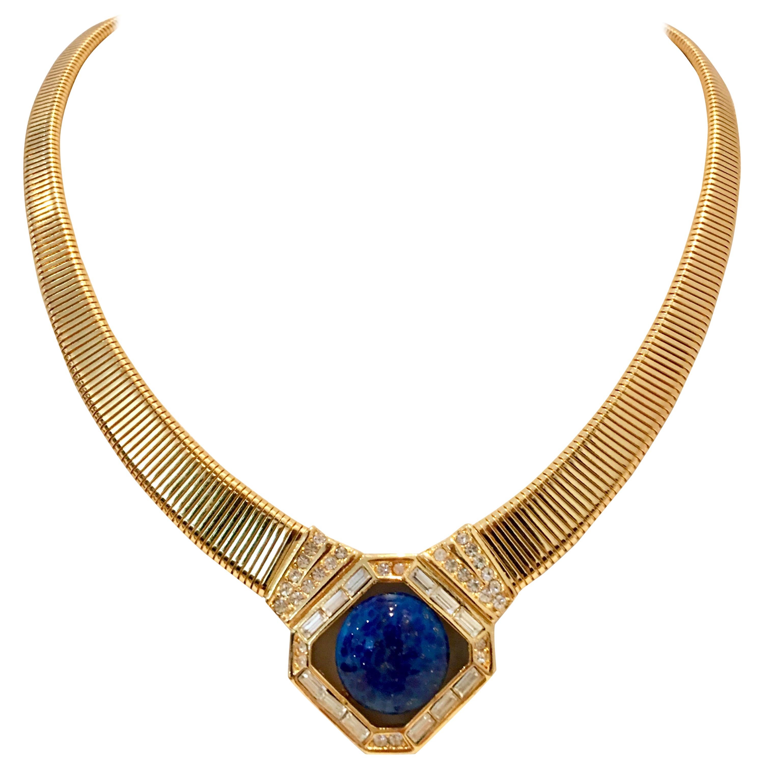 70'S Gold Faux Lapis Lazuli & Cyrstal Rhinestone Necklace By, Christian Dior