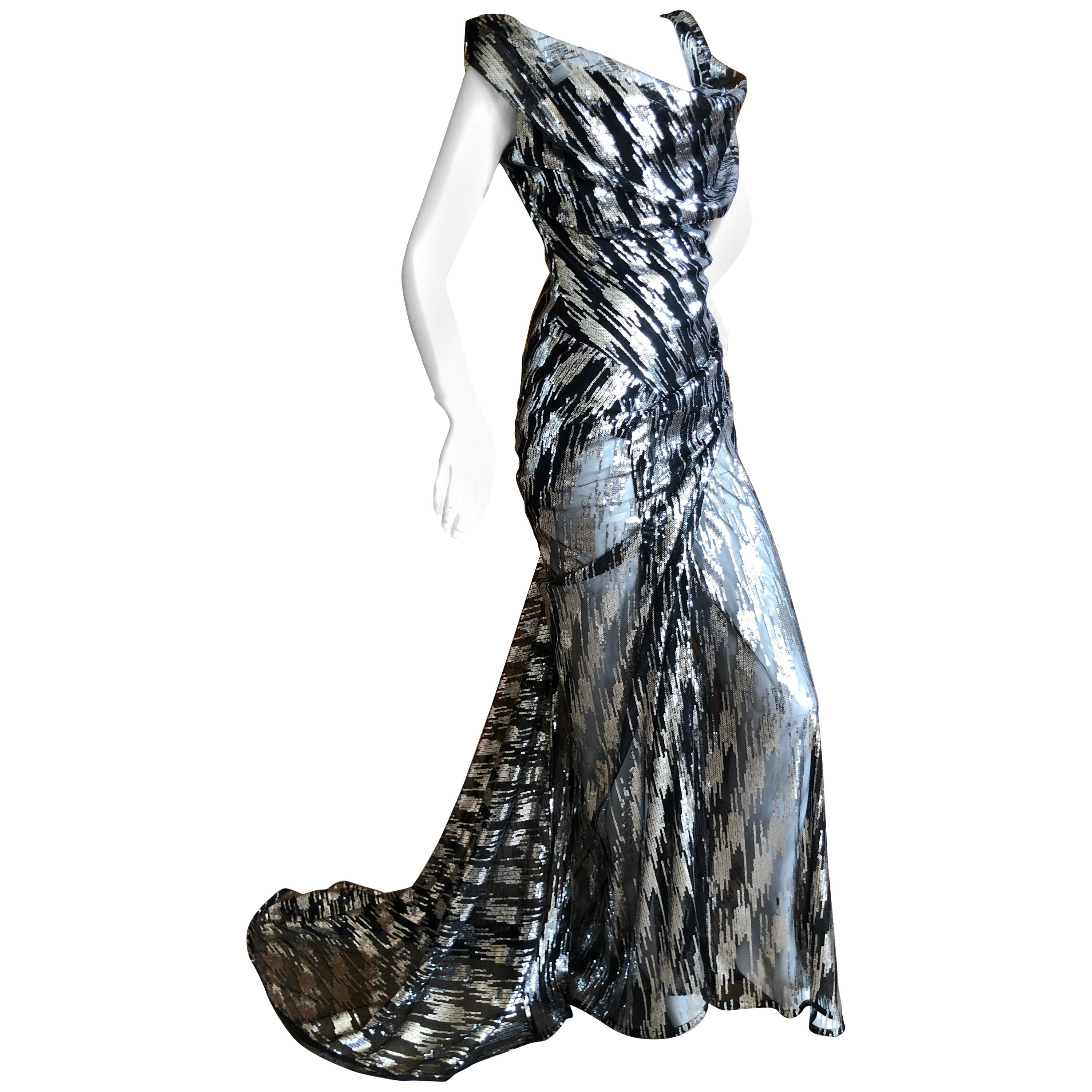 Vivienne Westwood Gold Label Silver Sequin Black Evening Dress w Built In Corset For Sale