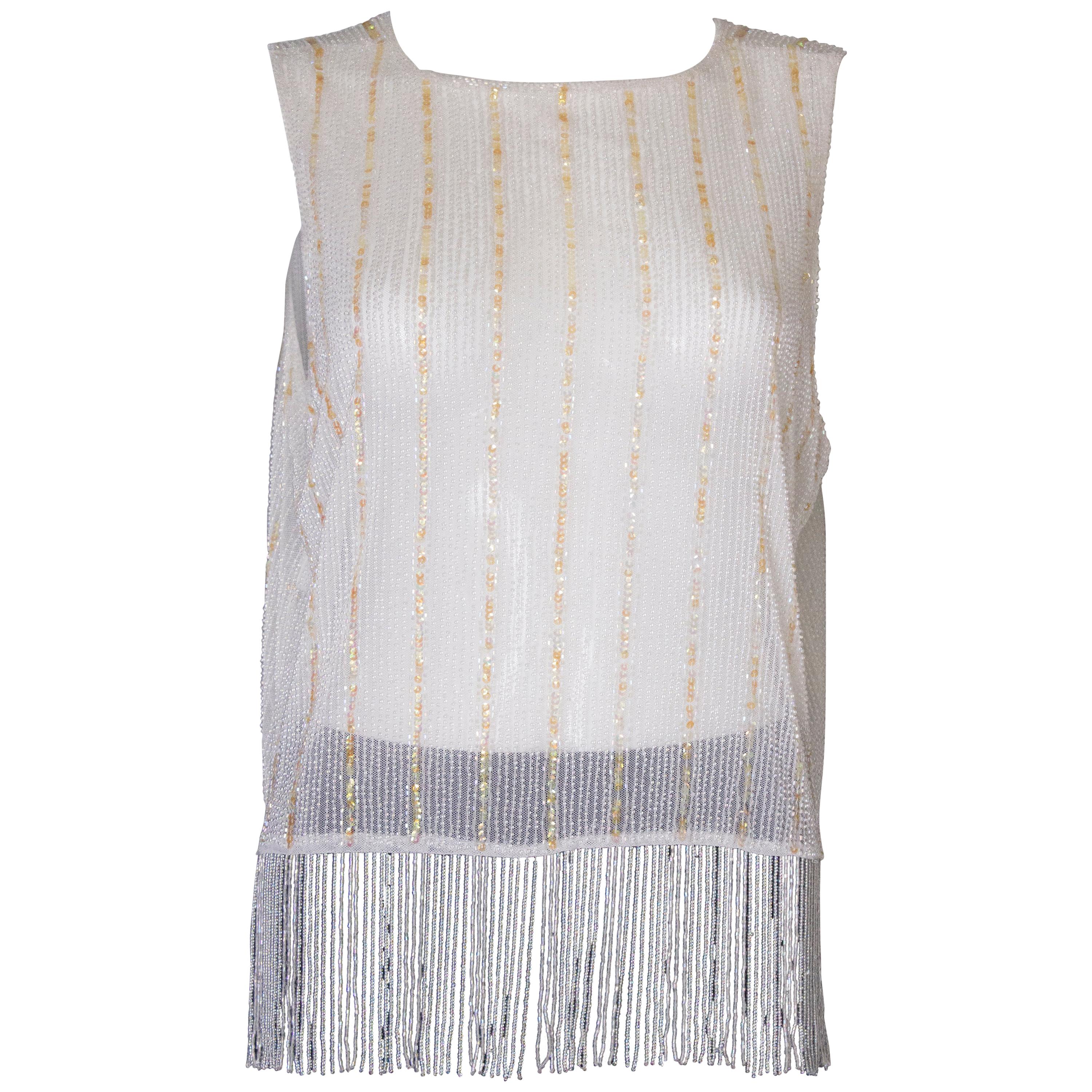 Vintage White Bead and Sequin Top with Fringing For Sale