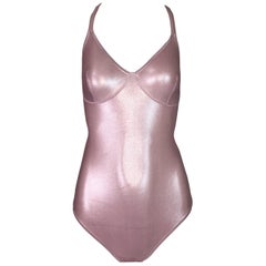 Unworn w/ tags 1990's Dolce & Gabbana Metallic Pink Swimsuit Bodysuit