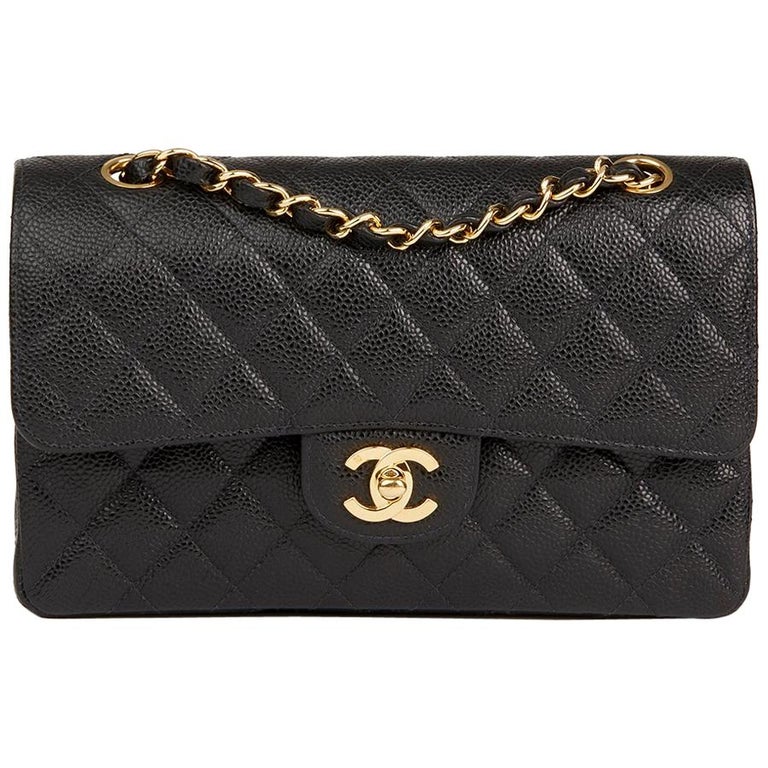 2004 Chanel Black Quilted Caviar Leather Small Classic Double Flap Bag