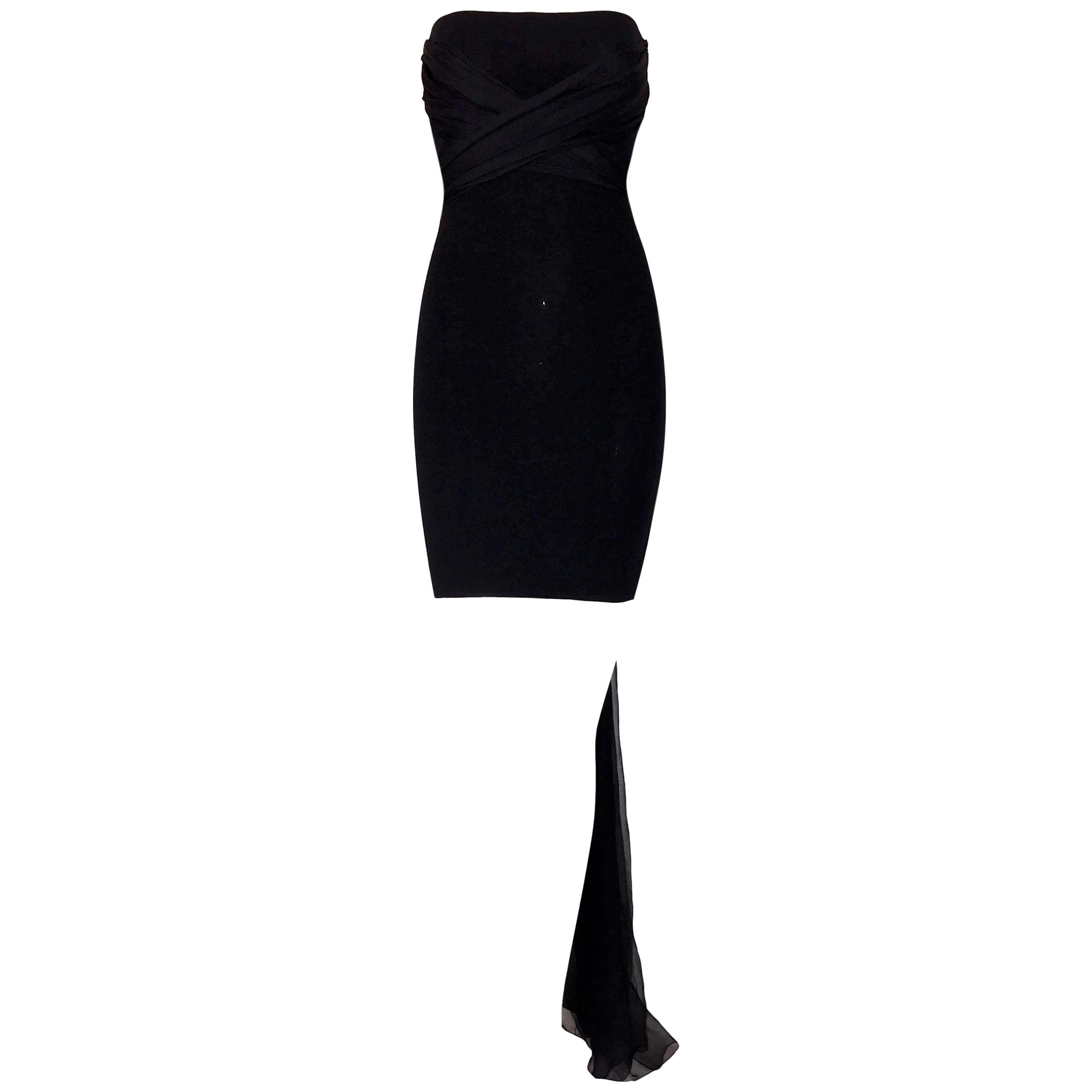 1991 Dolce & Gabbana Black Strapless Mini Dress w/ Long Silk Sash Belt Train