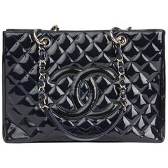 Used 2006 Chanel Navy Quilted Patent Leather Grand Shopping Tote GST