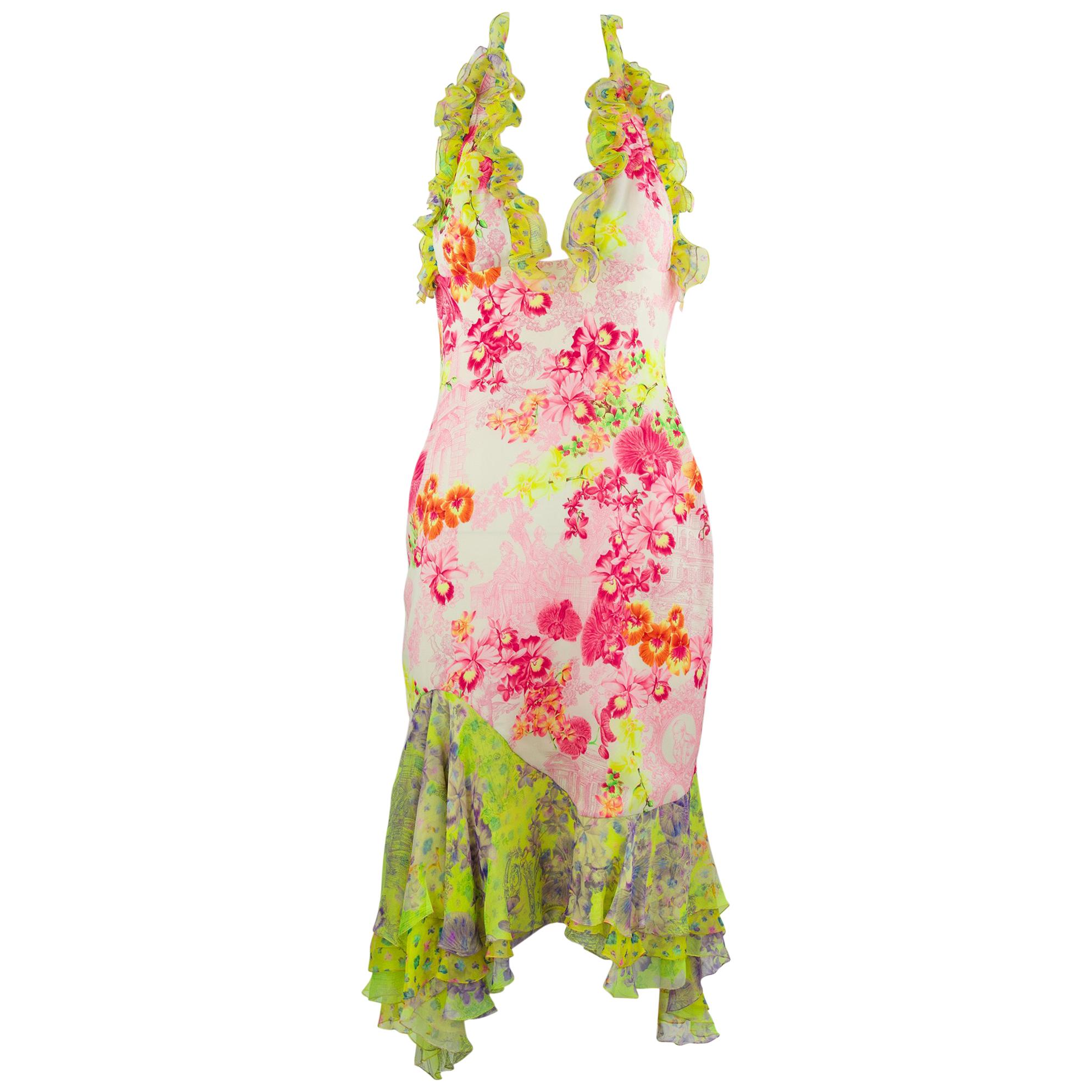 Versace Pink and Green Floral Print Chiffon Dress - Size IT 42 For Sale ...