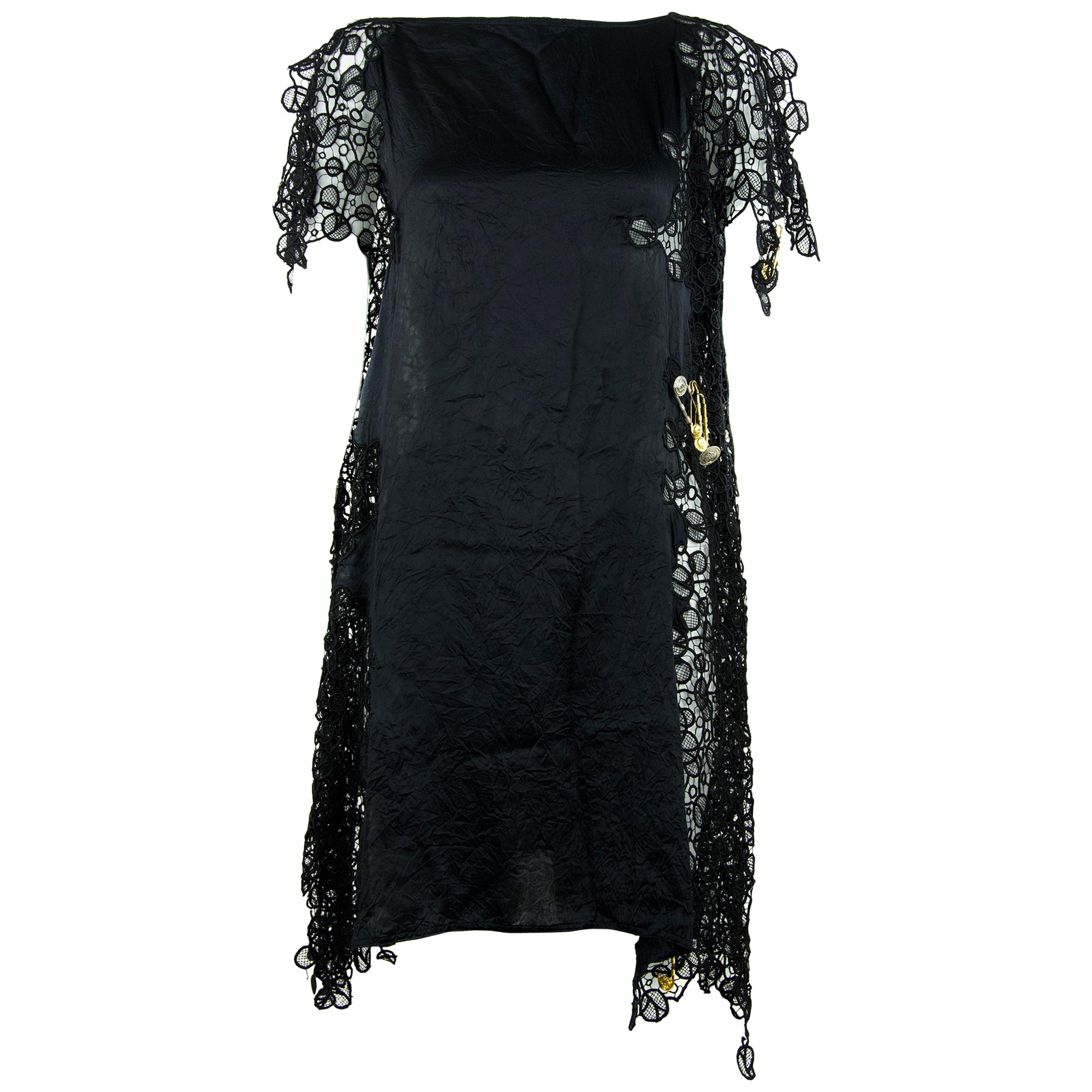 Gianni Versace Vintage Black Silk and Lace Dress with Medusa Safety Pins  For Sale