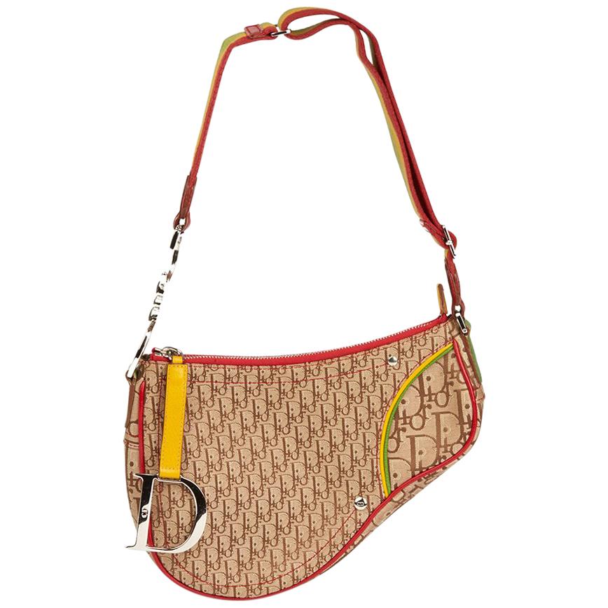 2004 Christian Dior Brown Monogram Canvas Rasta Saddle Bag